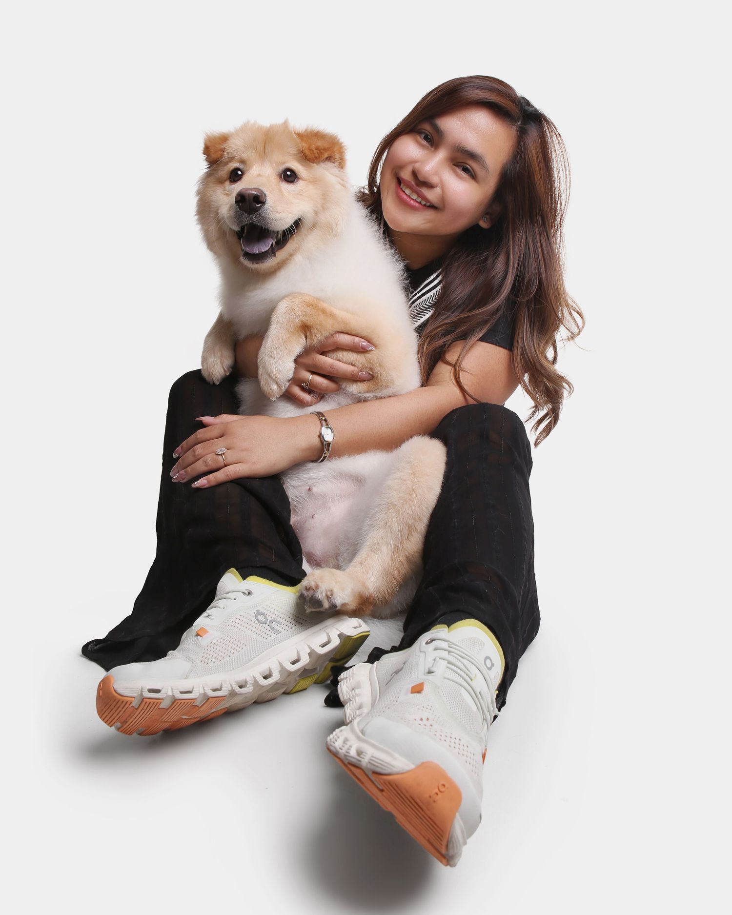 A series of three playful photos showing a person in casual wear cuddling with a happy dog against a white background.