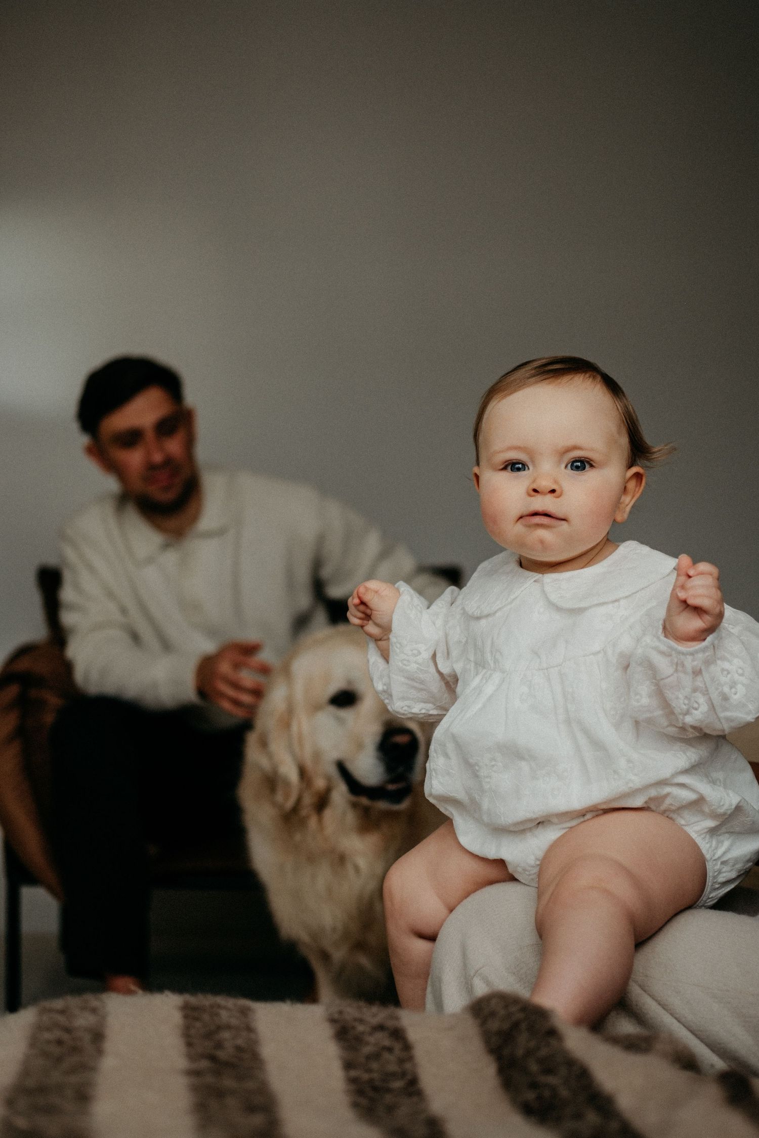 A father and baby sitting together with a fluffy white dog, captured in a warm, natural studio-style family portrait.