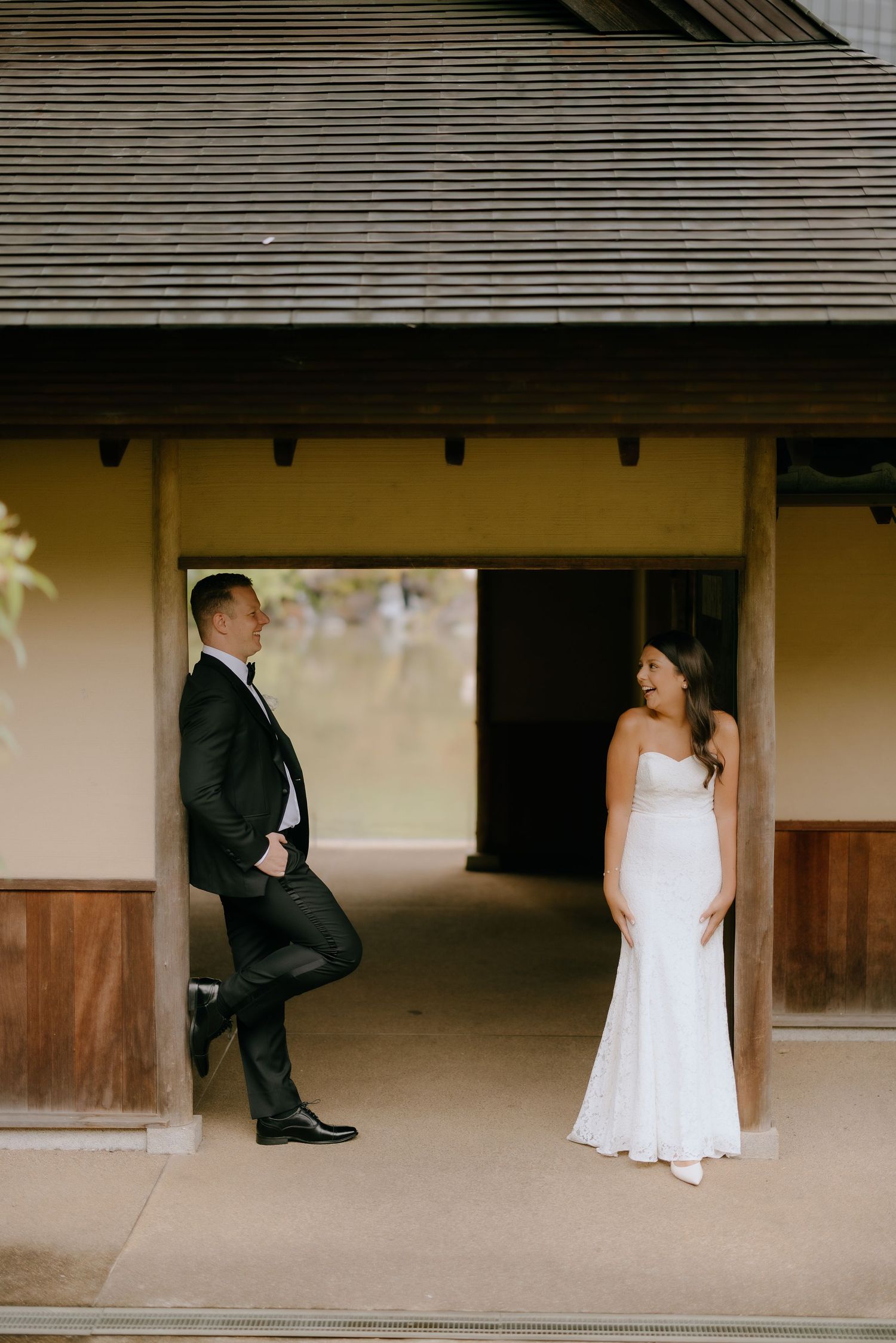 Creative wedding photo sequence showing bride and groom sitting apart on wooden porch in artistic composition.
