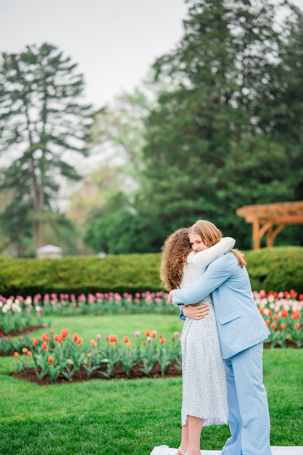 Two people embracing in a garden with blooming tulips and evergreen trees in the background.