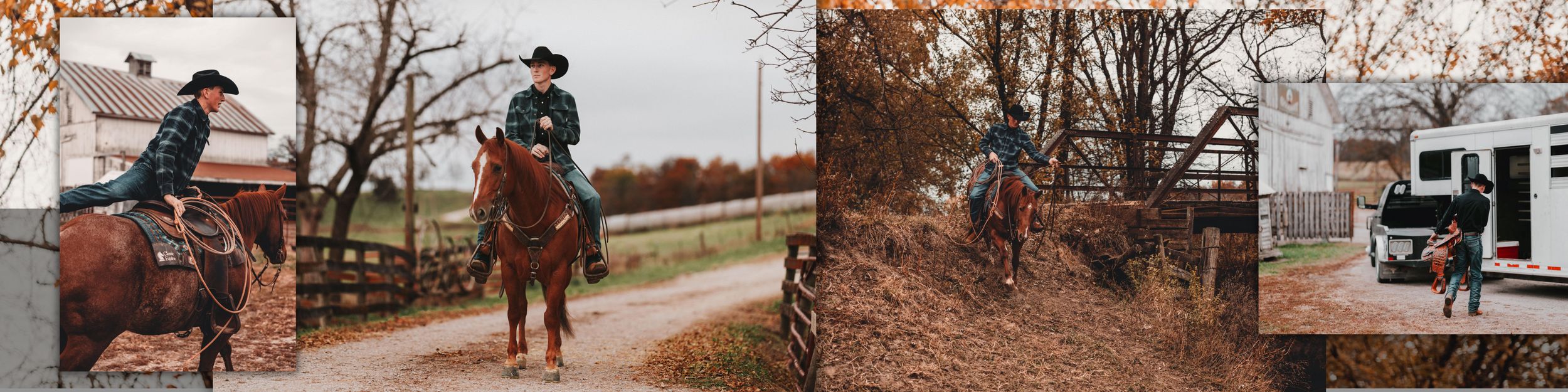 A series of outdoor fall engagement photos showing a couple walking and embracing on a path surrounded by autumn trees.