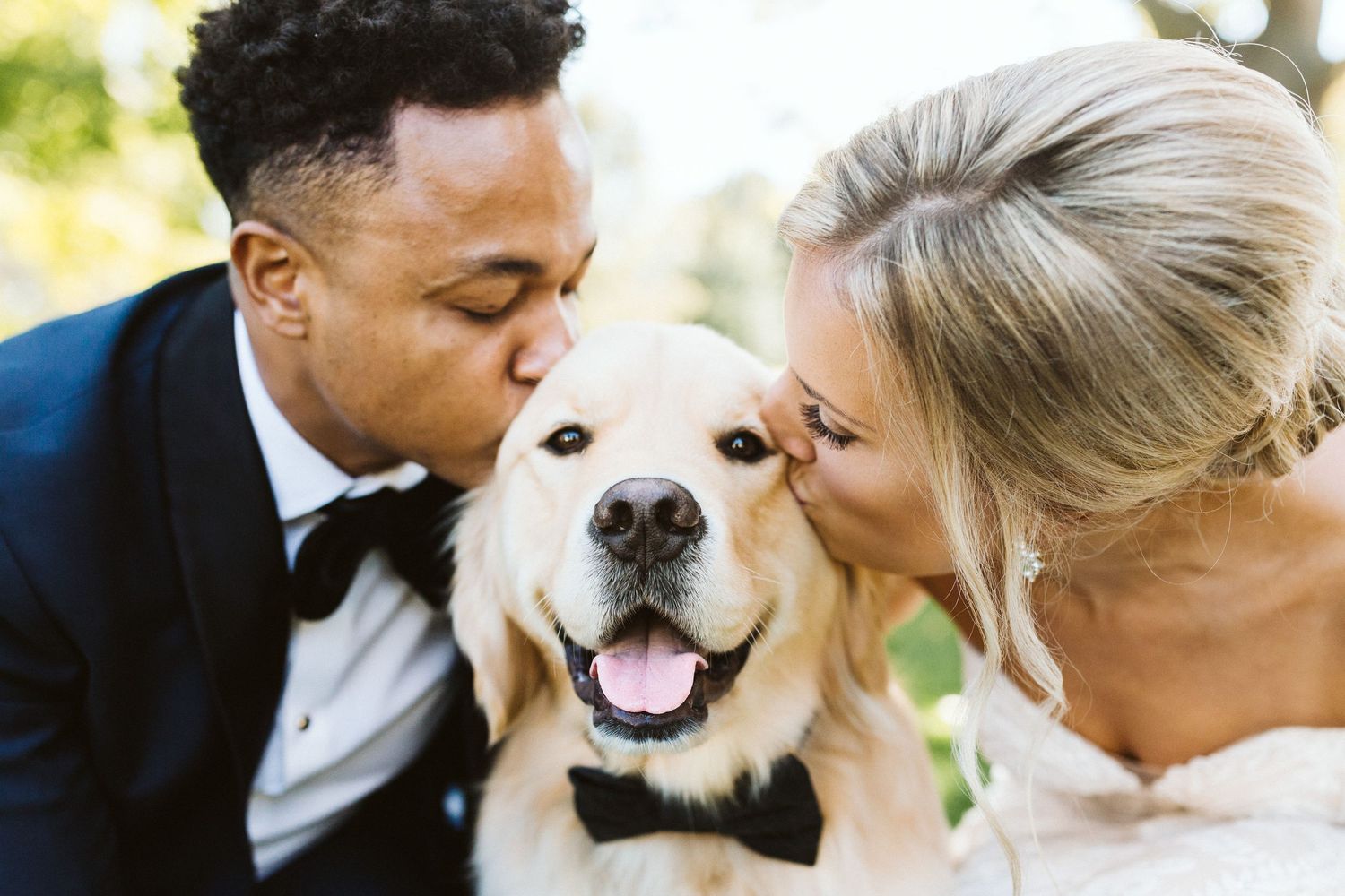 A happy golden retriever smiles while being kissed on both sides by a bride and groom on their wedding day.