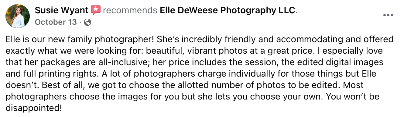 A review highlighting the photographer's friendliness and accommodating approach to family photos.
