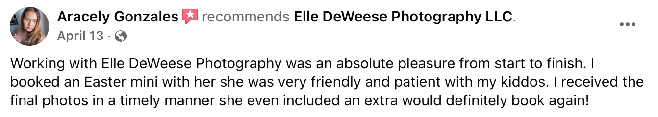A customer testimonial expressing satisfaction with the photographer's services and final results.