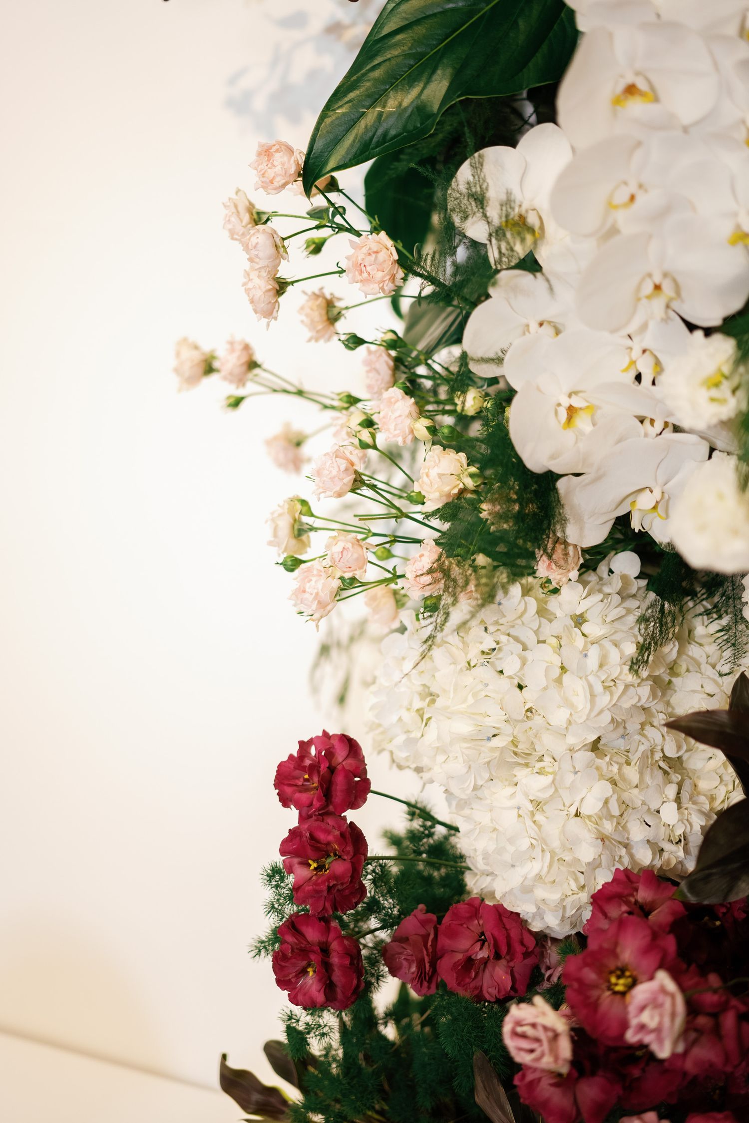 Stunning arrangement of white orchids, hydrangeas, and deep red roses with delicate greenery.