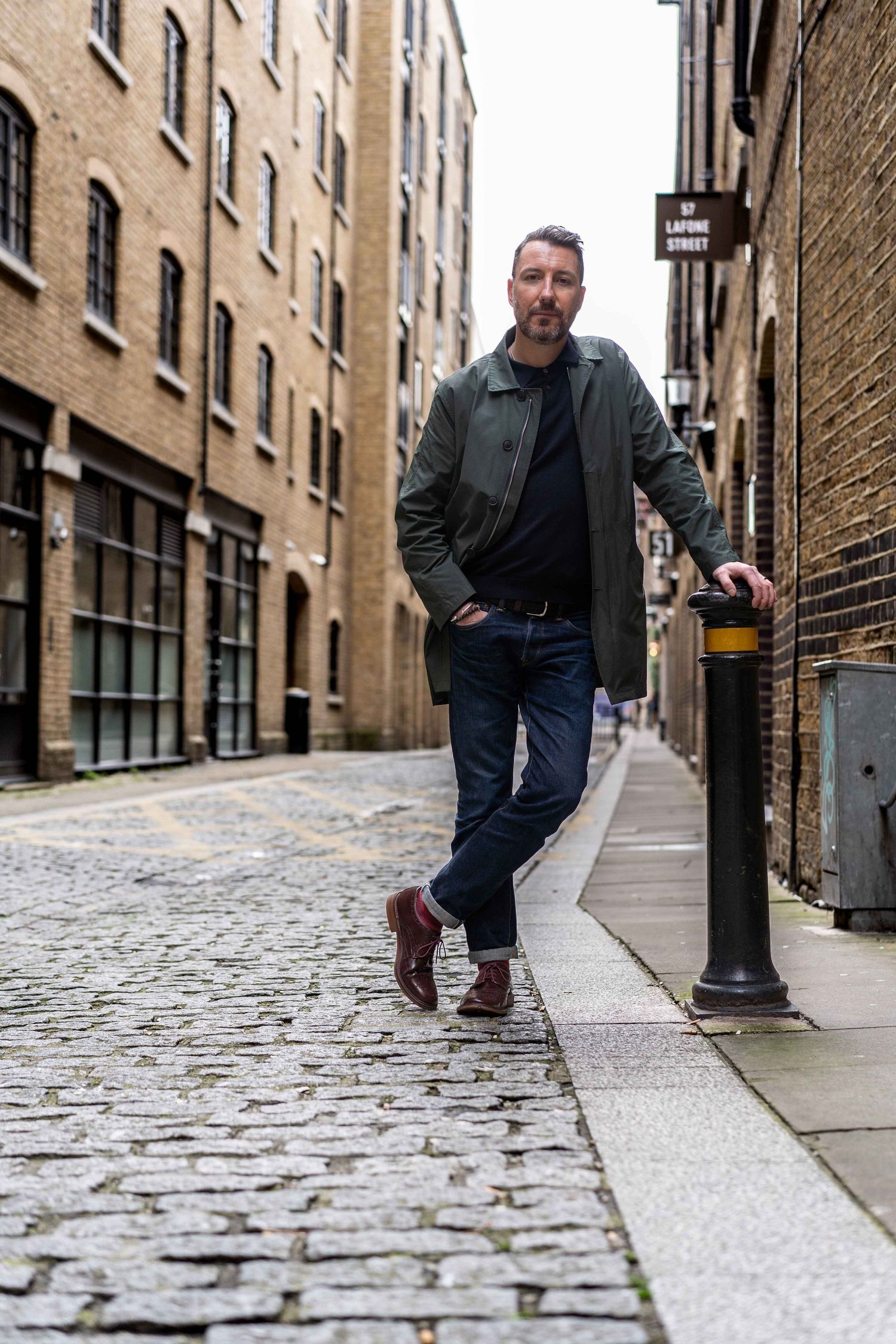 A London founder stood in London street on a personal branding photoshoot