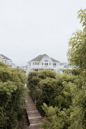 Wooden boardwalk pathway leads through lush greenery to a coastal beach house with large windows on an overcast day.
