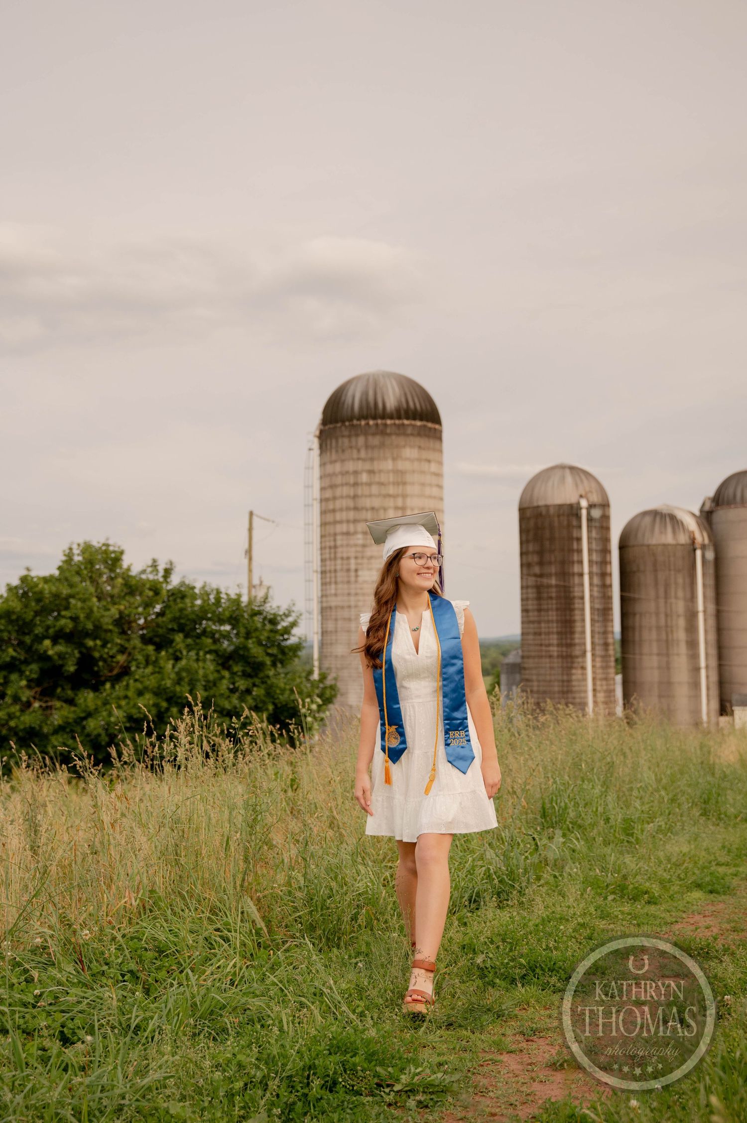 Series of dreamy countryside photos showing tall farm silos in the background with grassy fields in the foreground.