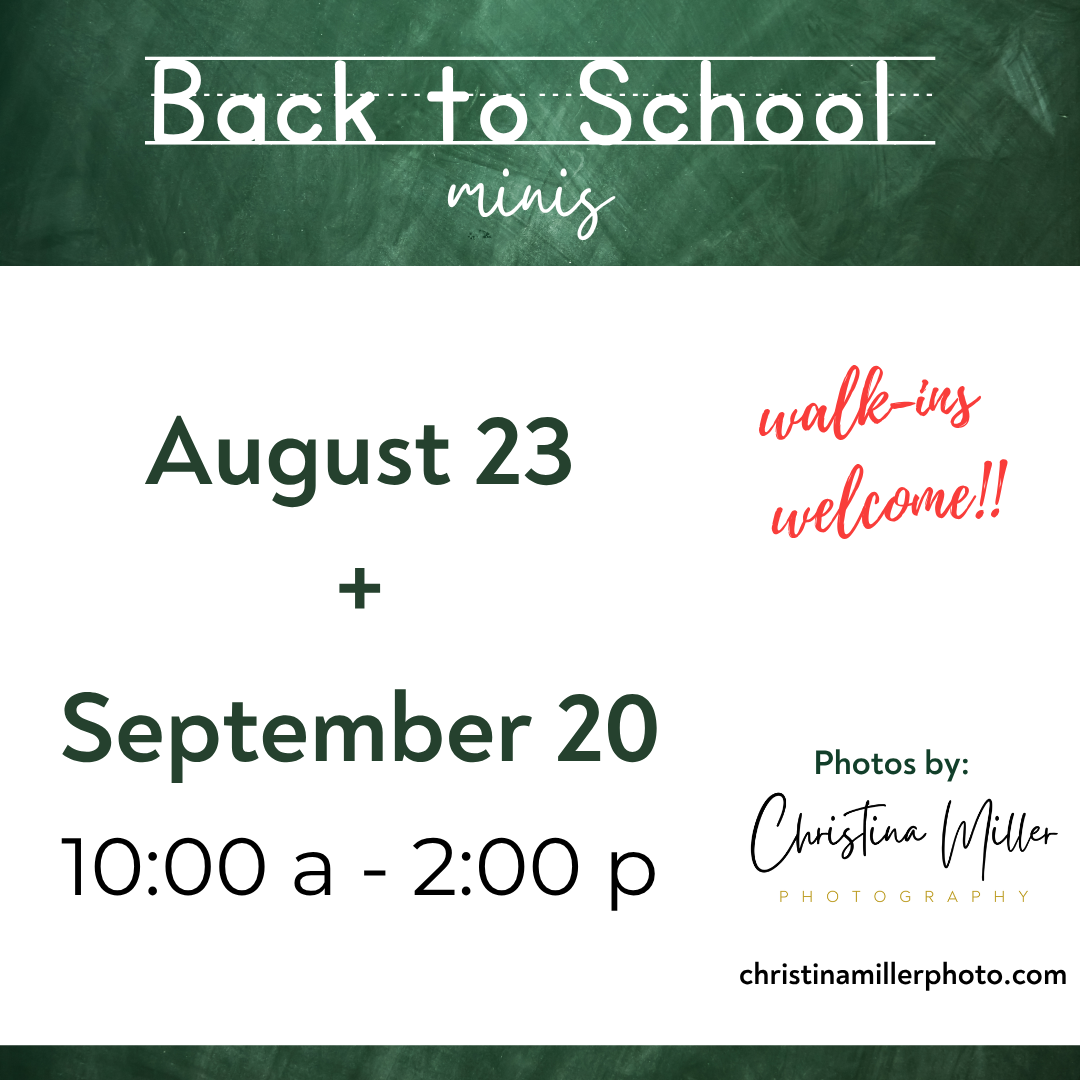 Green and white promotional banner for back to school photo sessions from August 23 to September 20 with photographer details.