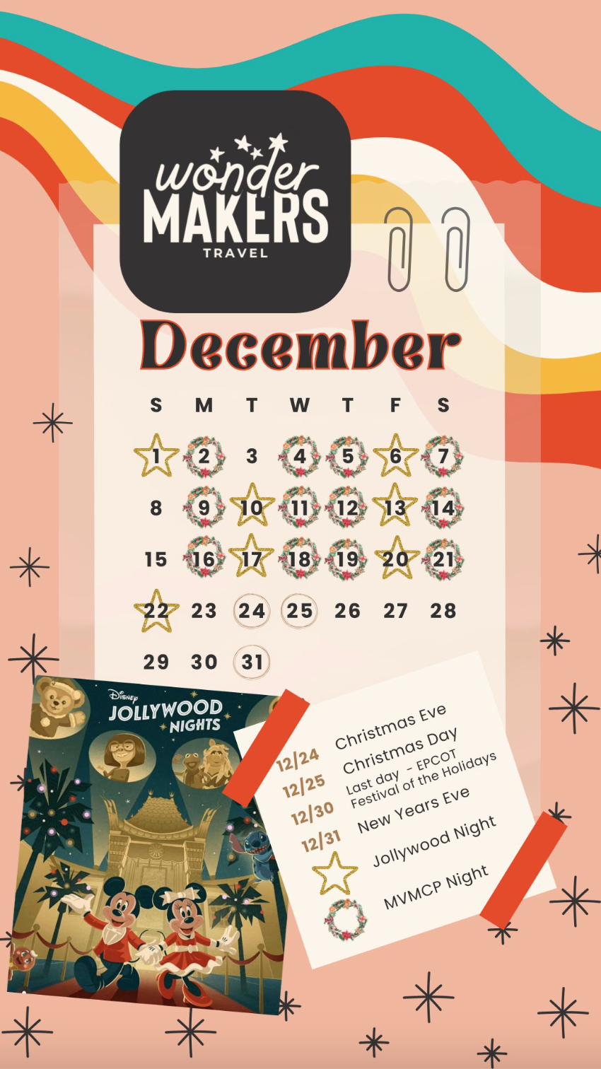 A retro-styled December calendar page with holiday illustrations and markings for Christmas and New Years events.