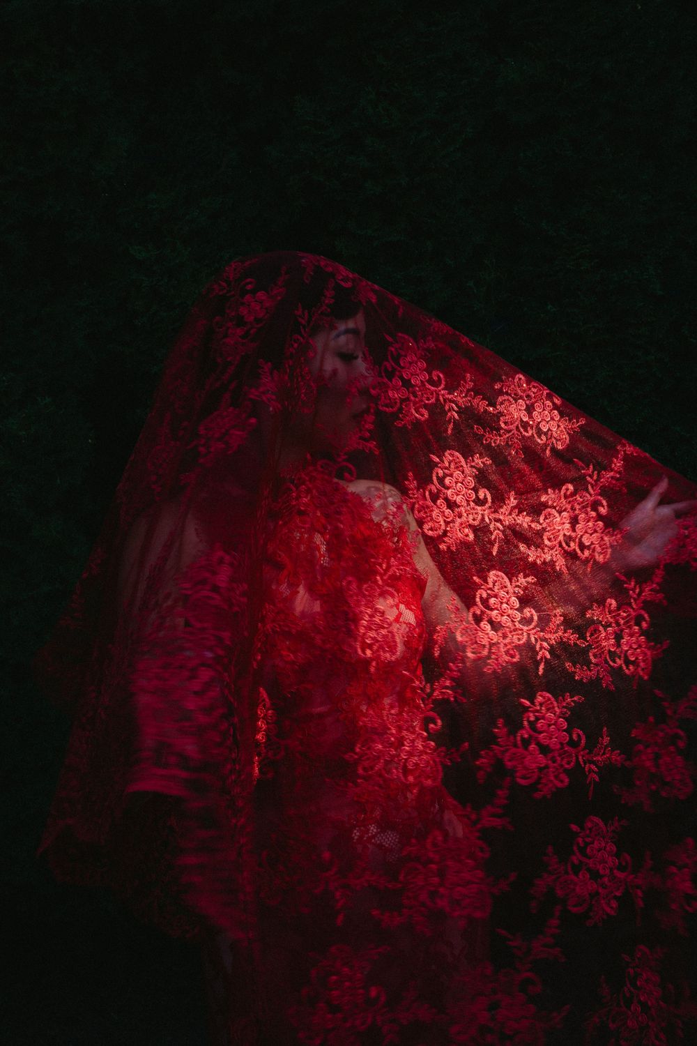Red-lit architectural details with ornate floral patterns in darkness.