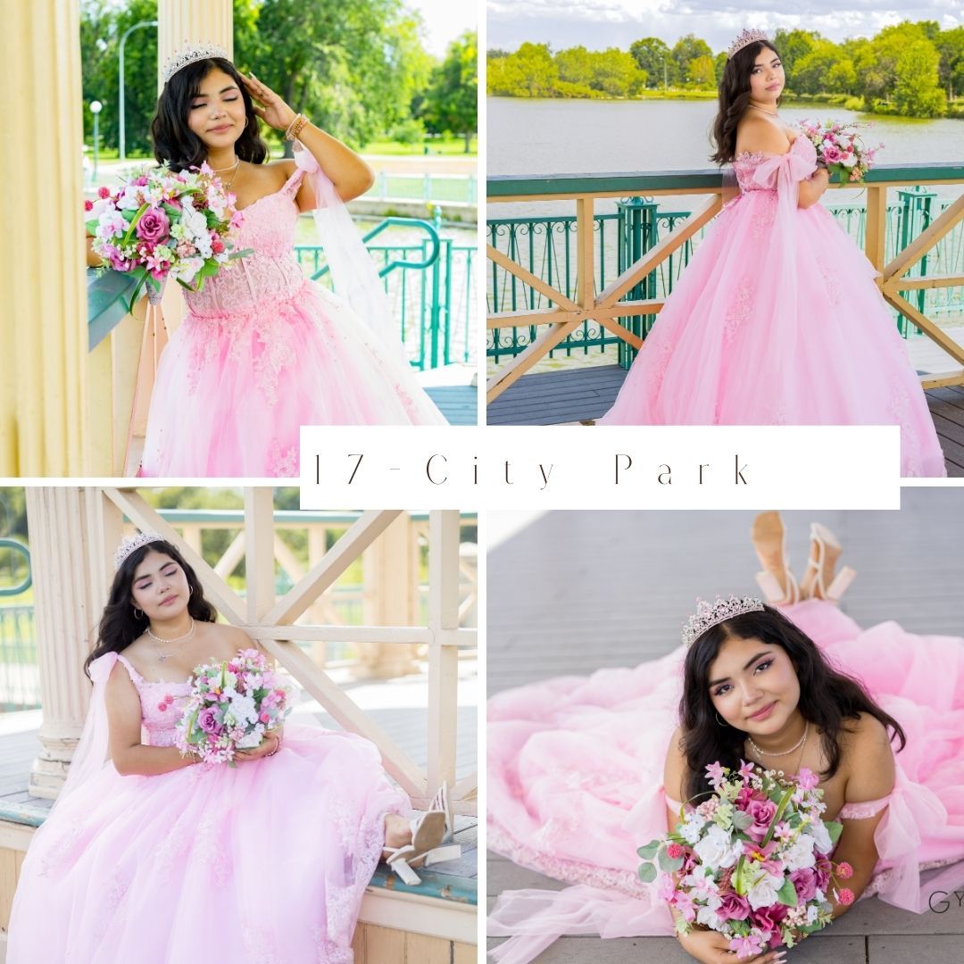 A pink tulle ballgown is showcased in a photoshoot at a scenic park with water and greenery in the background.