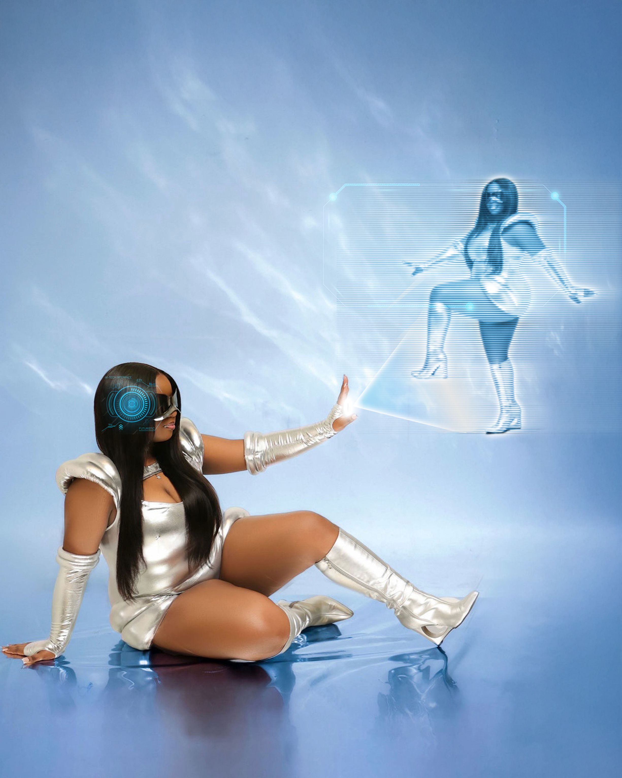 Futuristic cyberpunk scene with a holographic blue figure emerging from a person in white boots on a reflective floor.(Added Futuristic GFX)