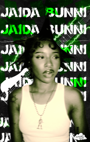 A series of artistic black and white portraits with green text overlay showing a person in a sleeveless top.