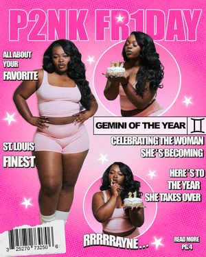 Pink magazine cover style design promoting beauty and fashion content.