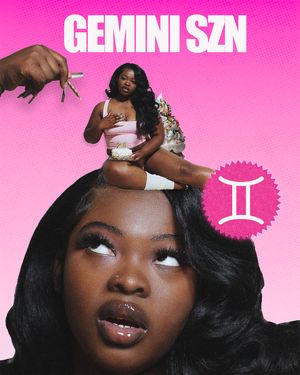 Gemini zodiac themed beauty photography with pink background and artistic portraits.
