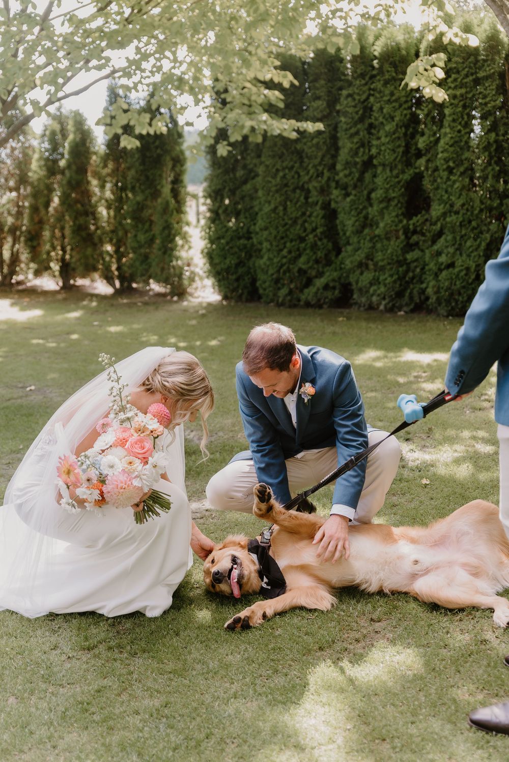 A series of playful wedding photos showing a couple and their golden retriever sharing joyful moments on the grass.