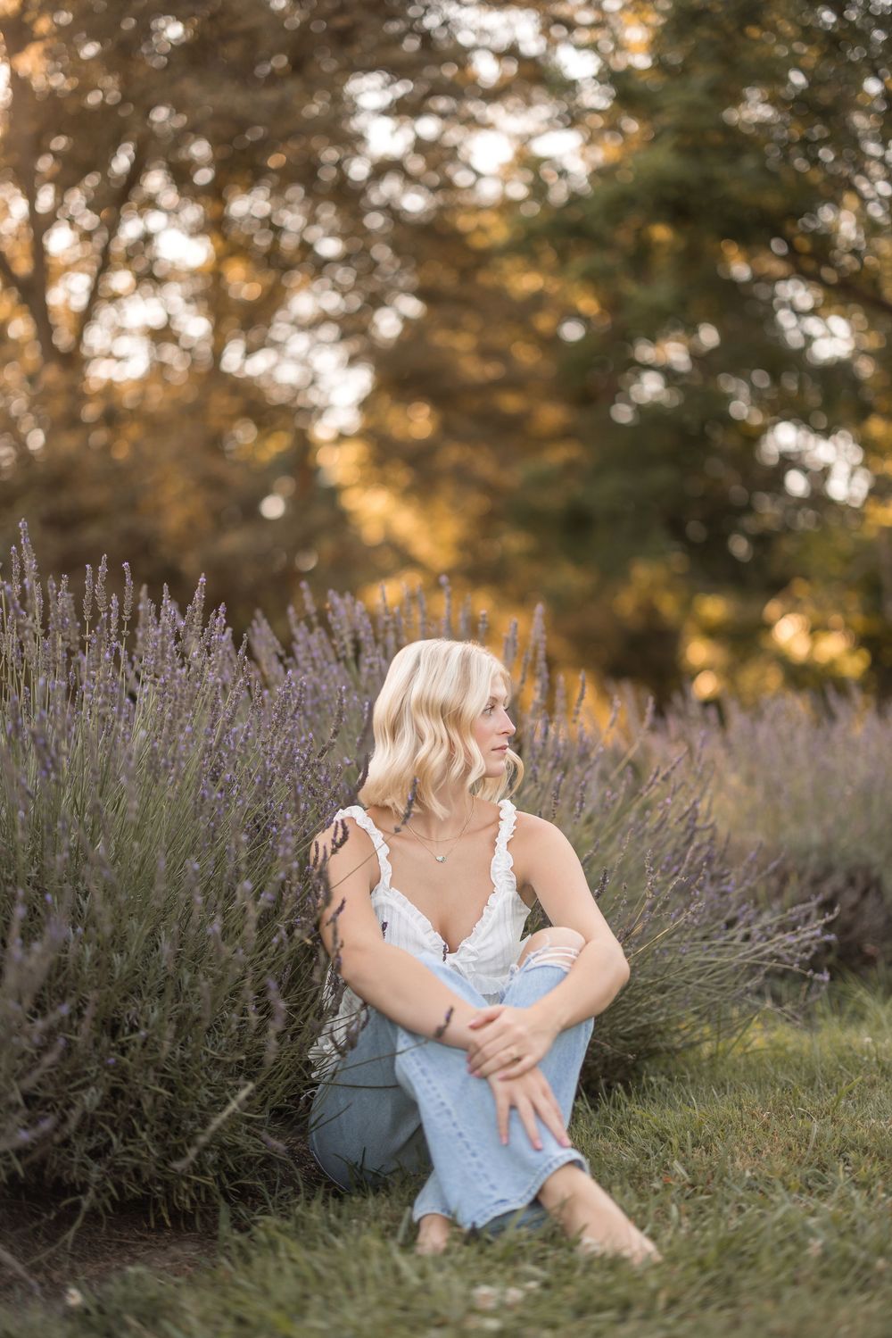 Person sits thoughtfully in a lavender field at golden hour as sunlight filters through trees in the background.