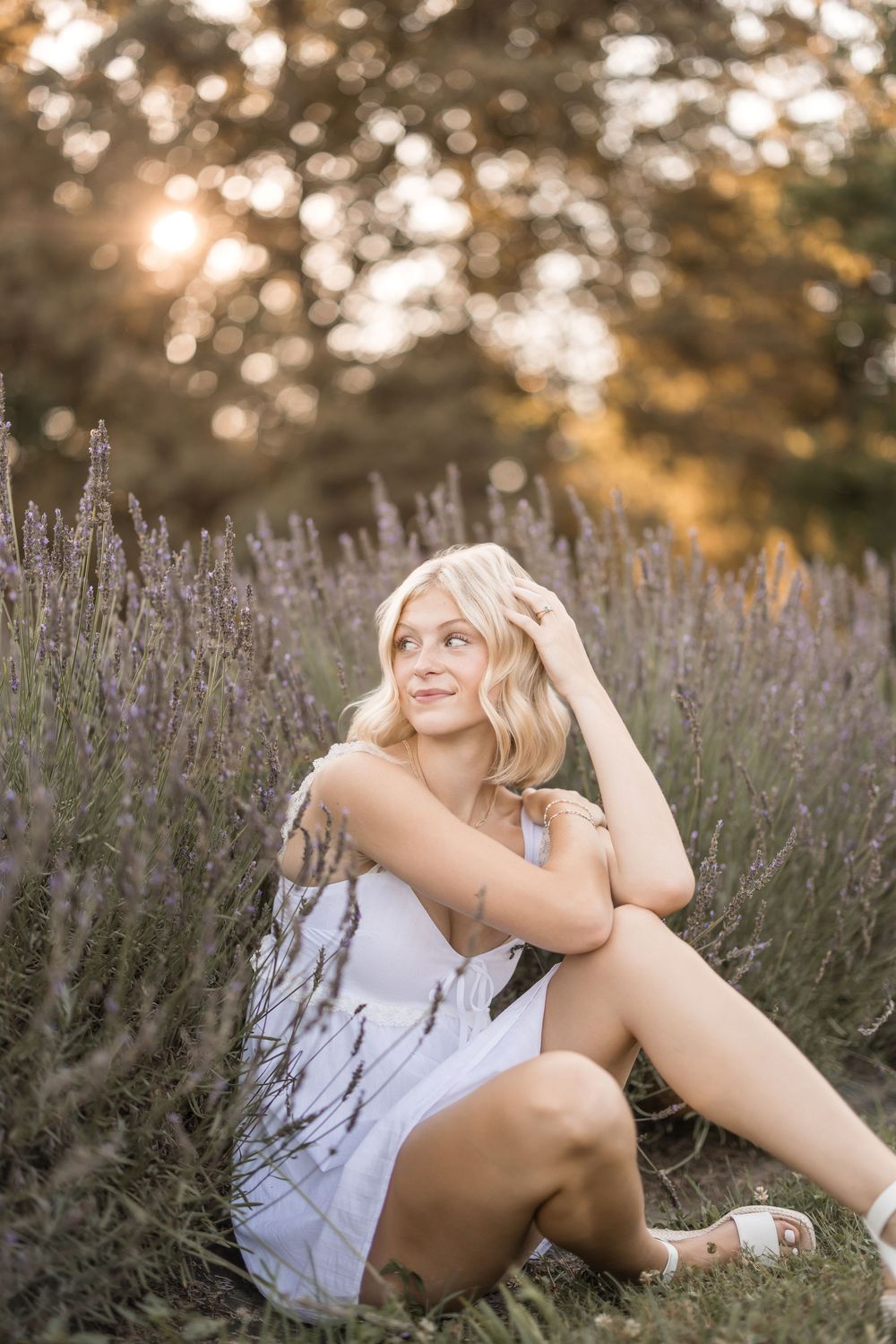 Dreamy summer scene in a lavender field with soft sunlit bokeh during golden hour.
