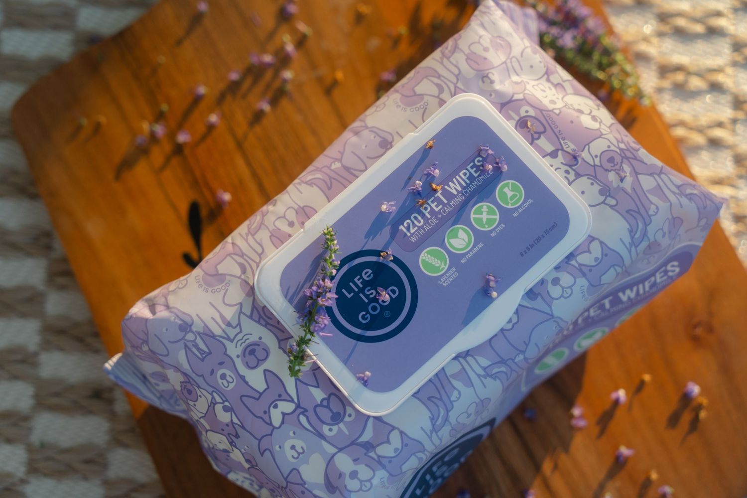 Lavender pet wipes on wood board