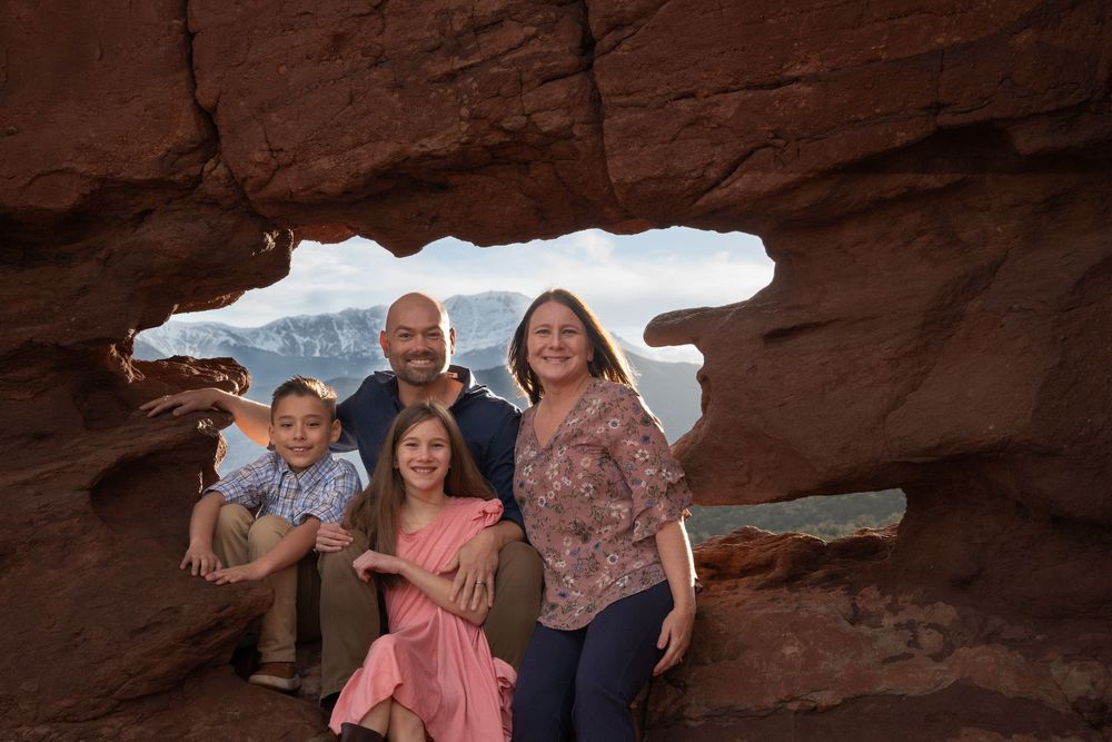 A scenic mountain landscape at sunset at Garden of the Gods in Colorado during a family photography session outdoors in nature