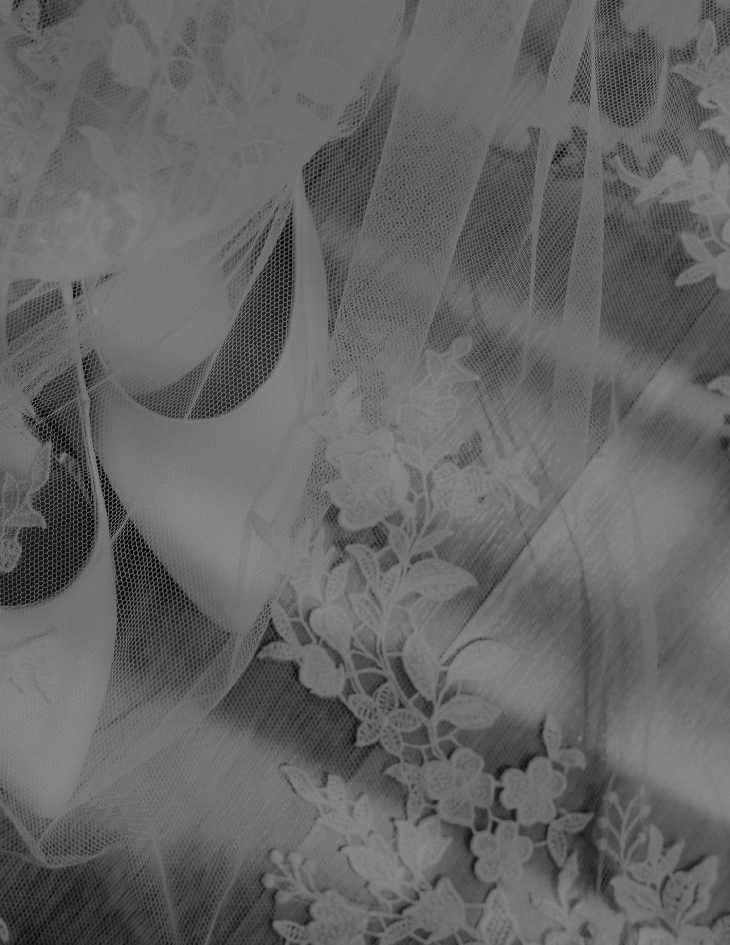 Bridal shoes under delicate lace and veil detail with soft natural light.