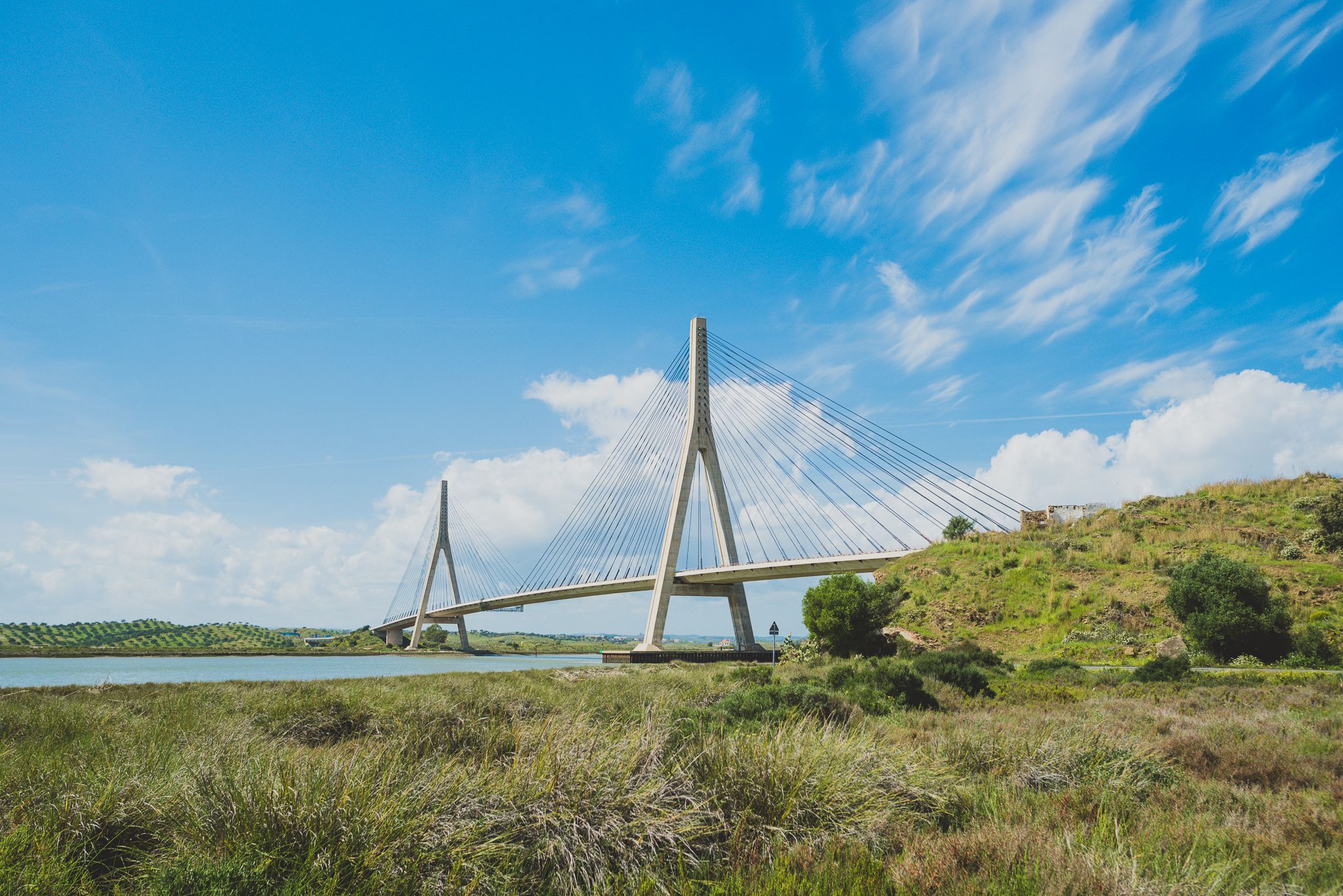 Panoramic sequence of the Arthur Ravenel Jr Bridge spanning across the Cooper River in Charleston, South Carolina.
