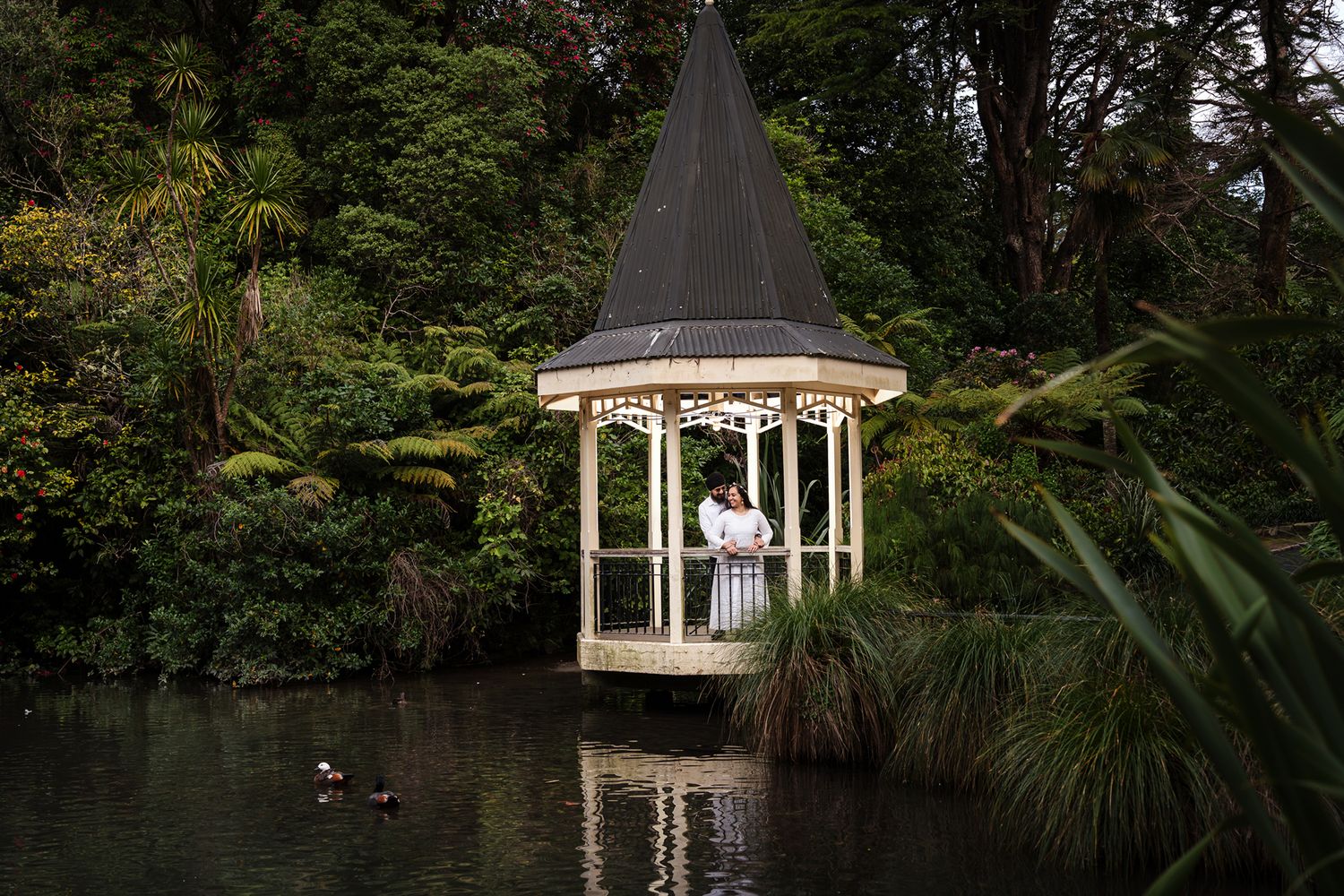 Romantic engagement couple standing hand in hand at the Wellington Botanic Garden, surrounded by lush greenery