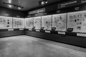 Museum gallery space displays black and white photographs and text panels along white walls in clean modern layout.