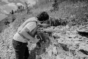 A researcher in casual clothing examines rocky terrain on a hillside while doing fieldwork in black and white photography.