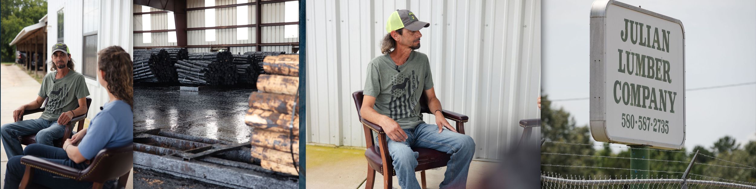 A side-by-side comparison shows a person working at a desk and someone sitting outdoors near a commercial building. Julian Lumber Compnay