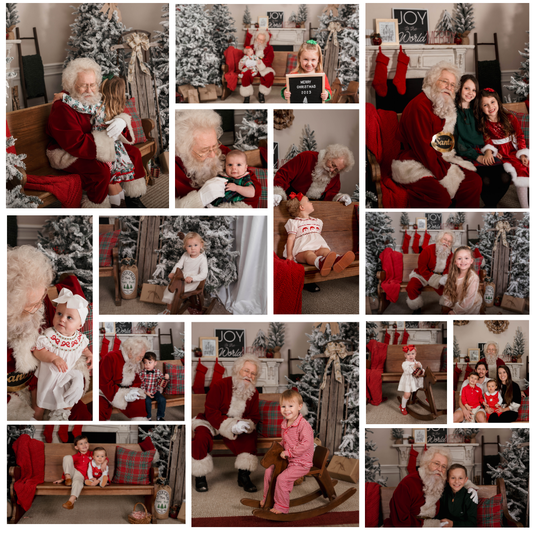 Collage of holiday photos with Christmas trees and festive decorations in red and green tones.