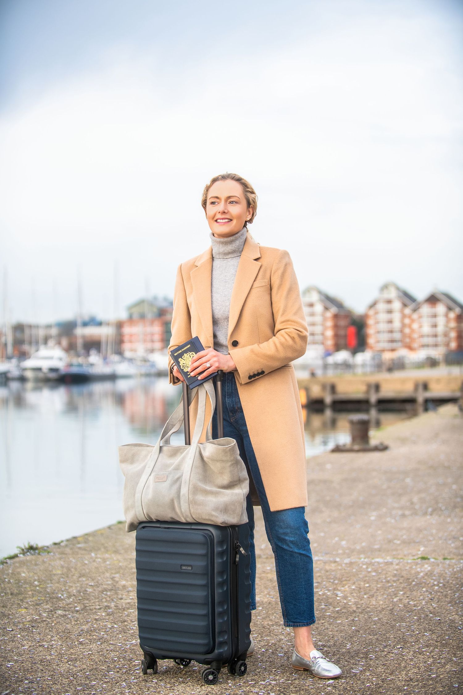 Personal branding portrait of Charlotte Cansick from Orcas Travel at Ipswich Marina, Suffolk.