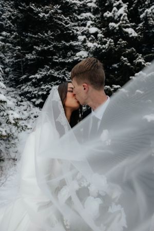 Dramatic winter wedding photos with flowing veil against snowy evergreen forest backdrop.