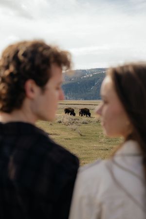 A couple stands out of focus in the foreground while bison graze in a scenic valley behind them.
