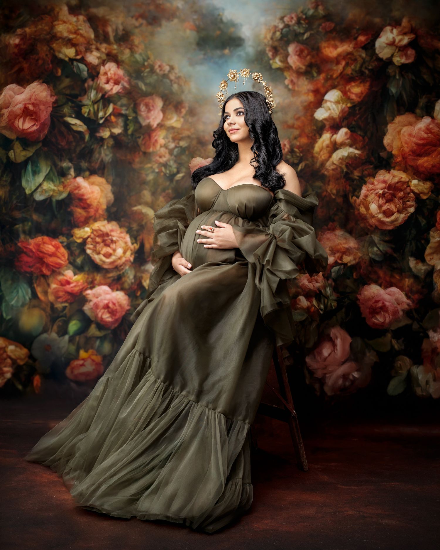 Victoria era antique style flower backdrop example for Sydney maternity photoshoot.