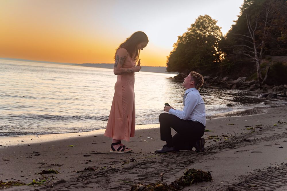 Series of romantic beach proposal photos capturing special moments at golden hour.