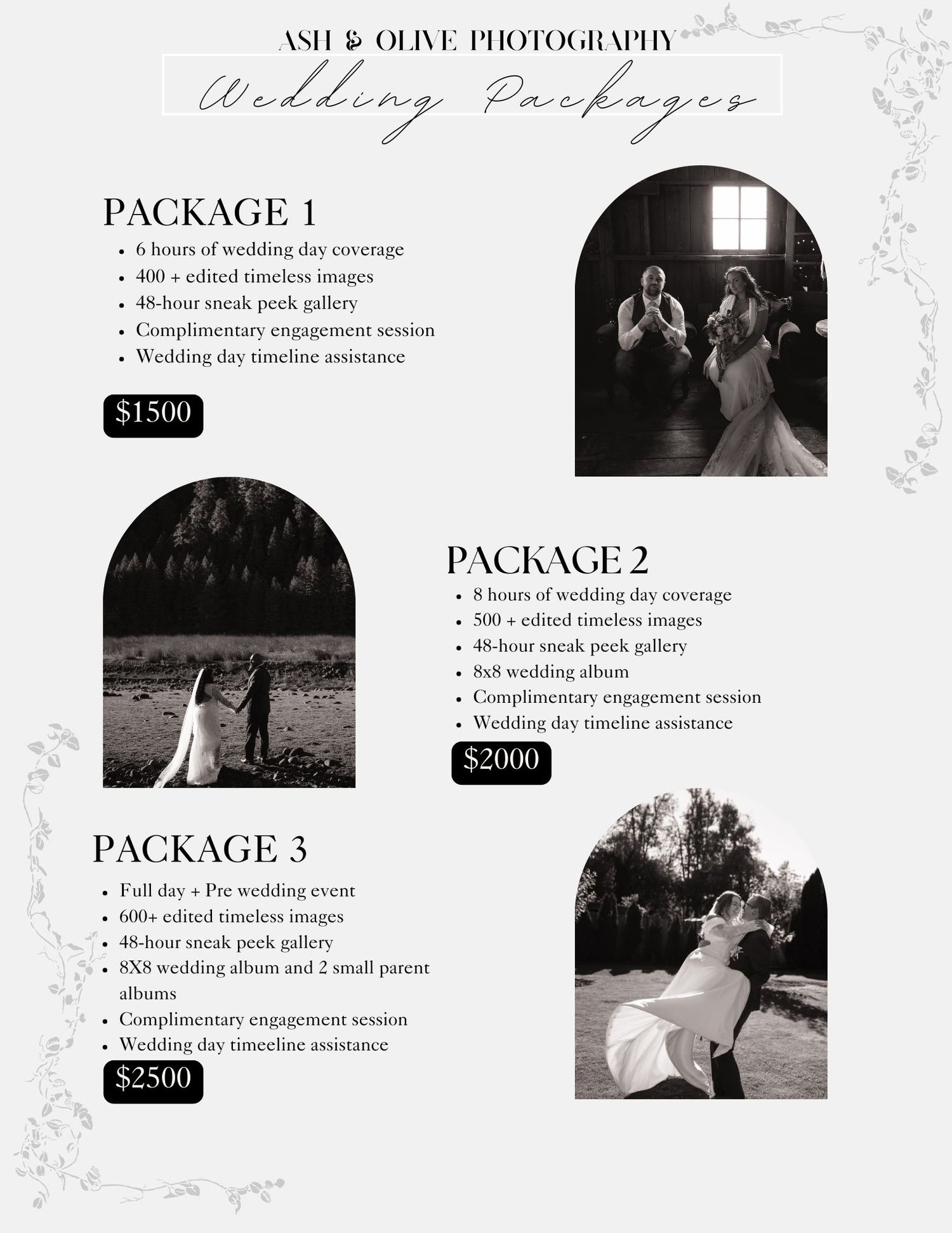 Wedding photography pricing guide template showing three packages with black and white sample photos and elegant floral design.