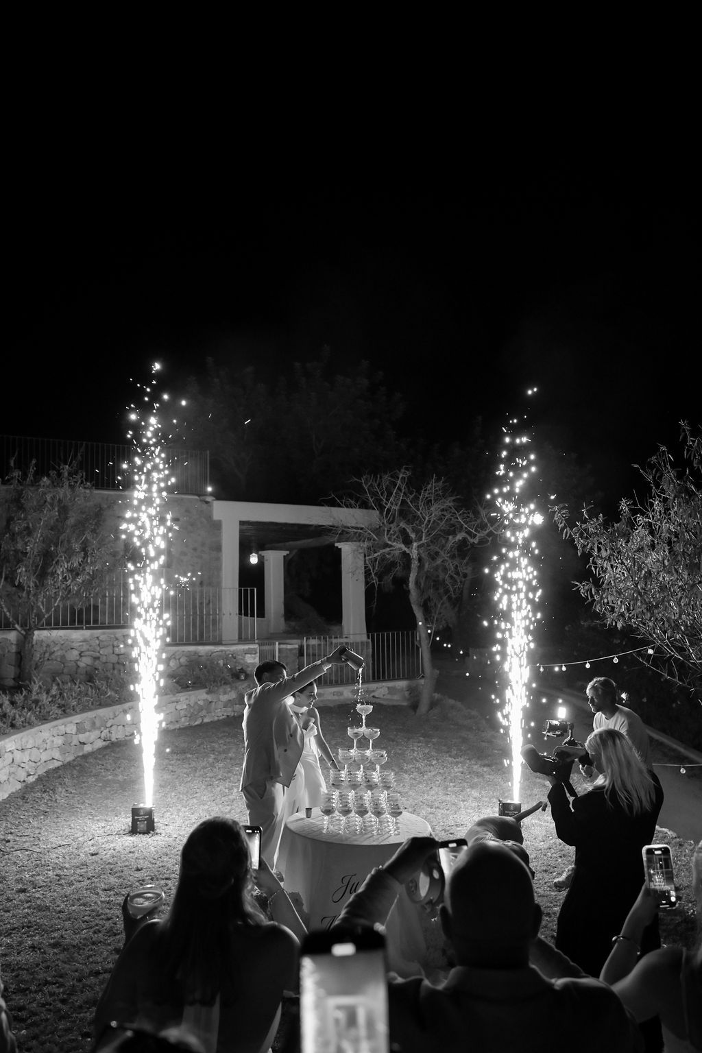 Black and white Retro Magic Mirror photo booth and cold sparks at Lola and Dan’s wedding at Can Frare Ibiza