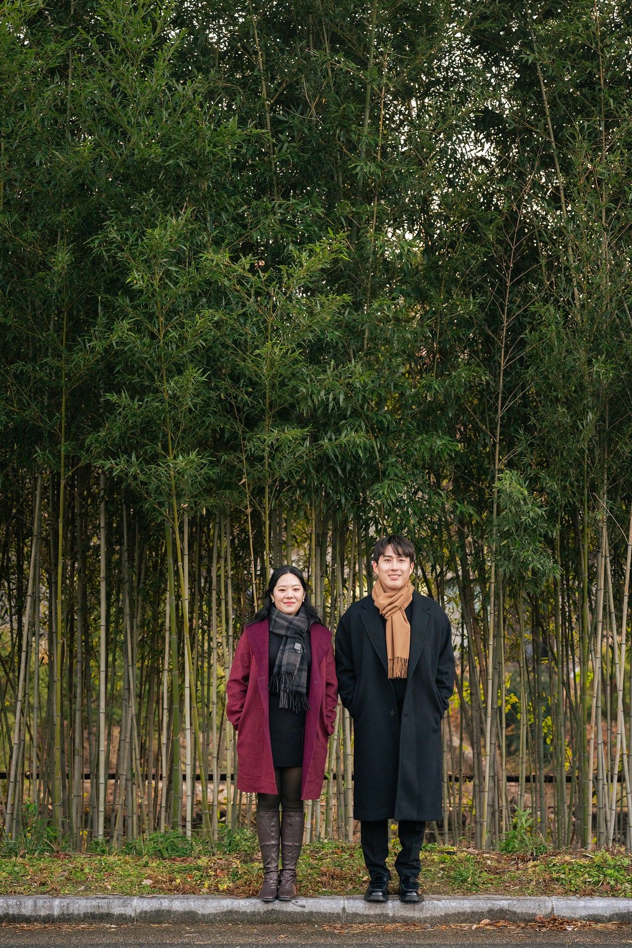 A series of photos showing two people walking through a bamboo forest path in winter.