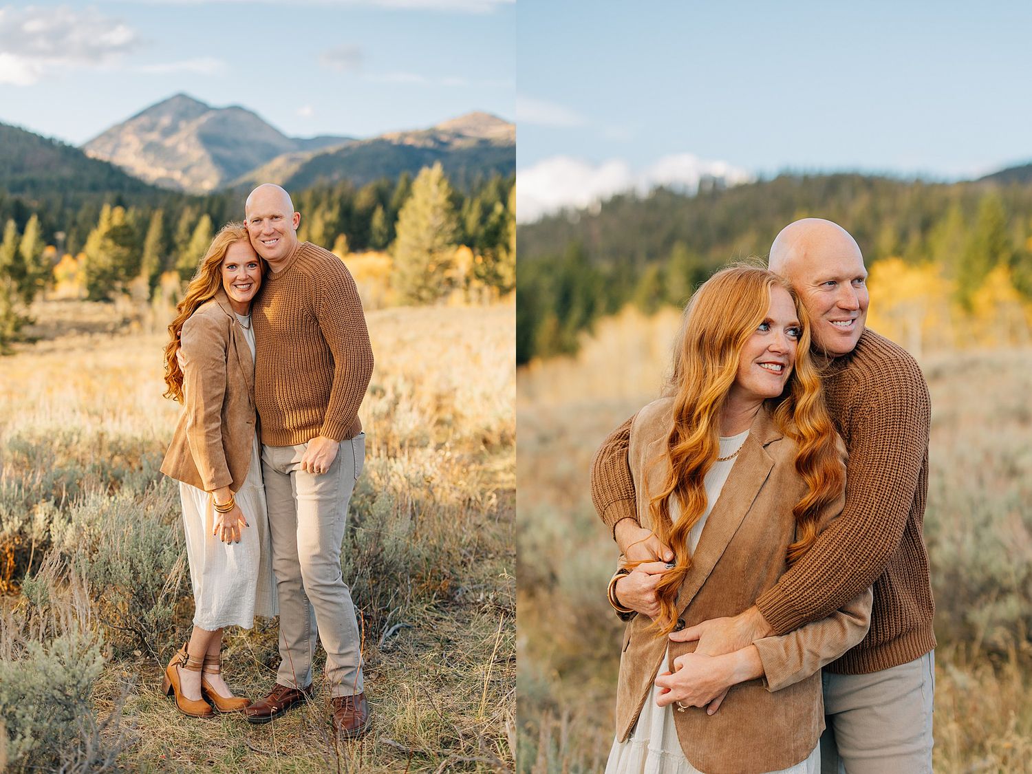 A couple embraces in a golden field during sunset with mountains in the background.