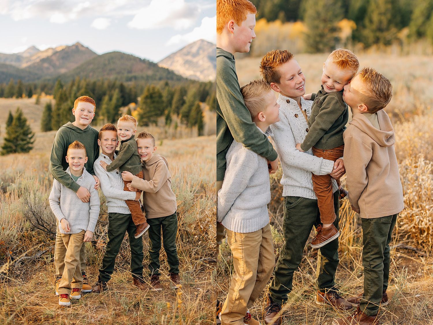 Family wearing coordinated neutral outfits embraces in golden autumn mountain meadow at sunset.