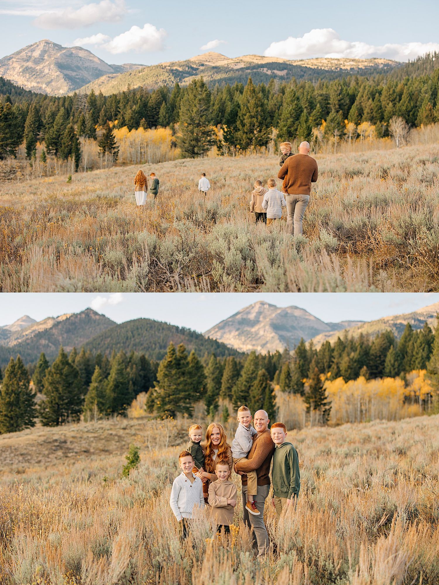 A group enjoys a scenic mountain photoshoot in autumn with golden grass and evergreen trees in the background.