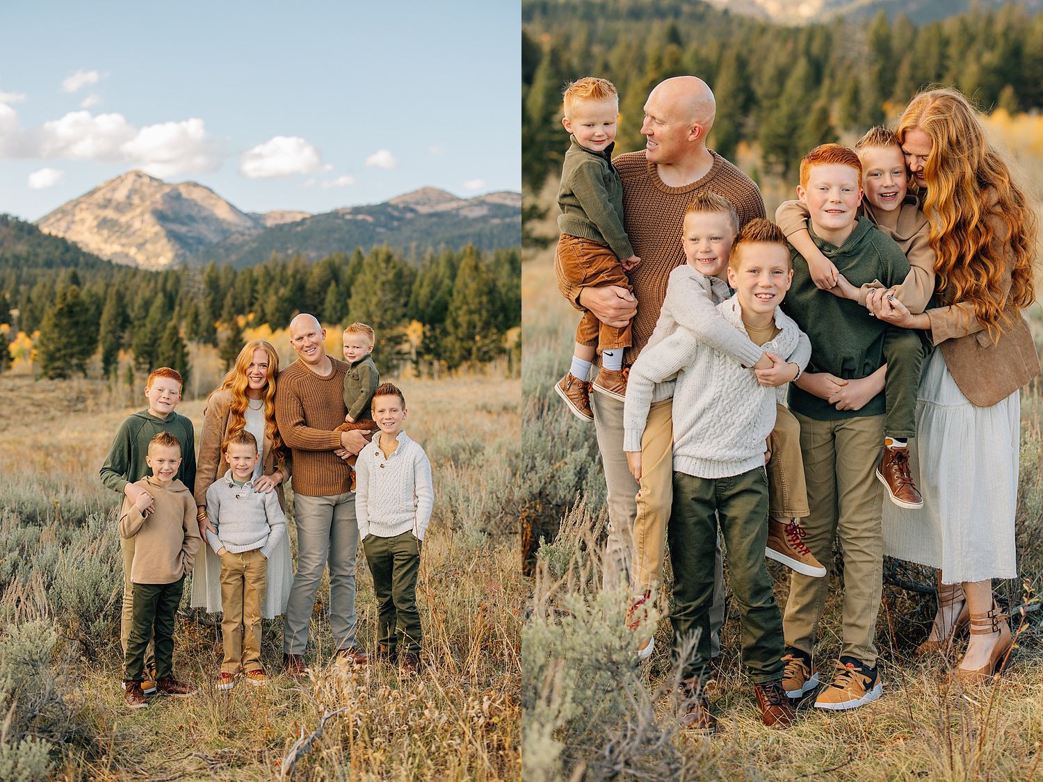 A group enjoying a warm autumn day in a mountain meadow with tall grass and evergreen trees in the background.