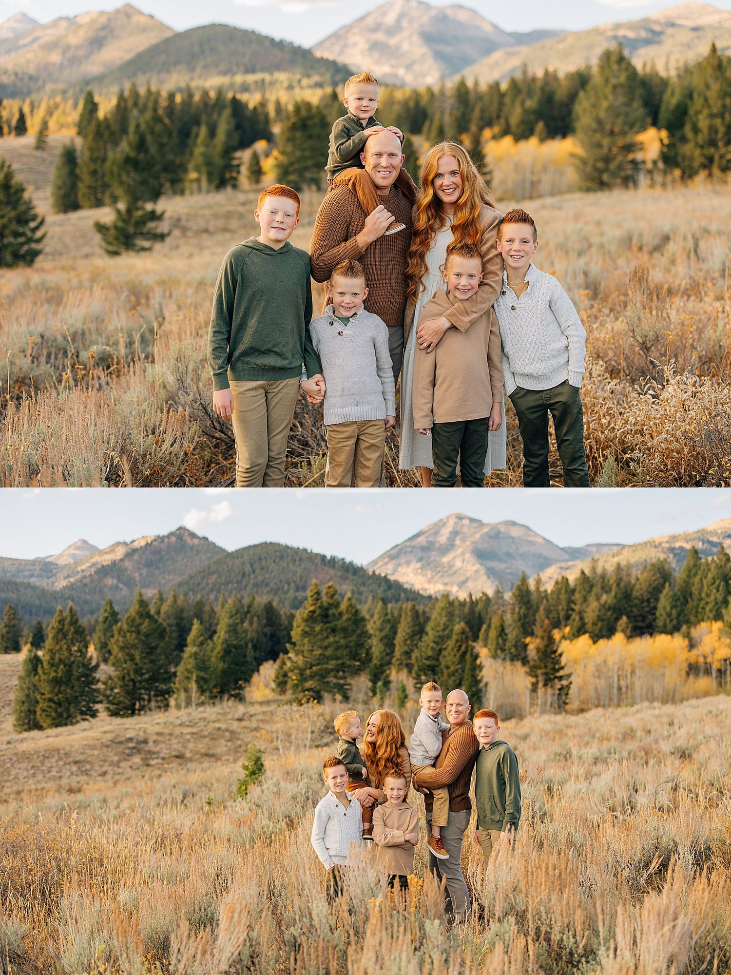 Group portrait in front of mountain landscape with golden autumn grass and evergreen forest backdrop.