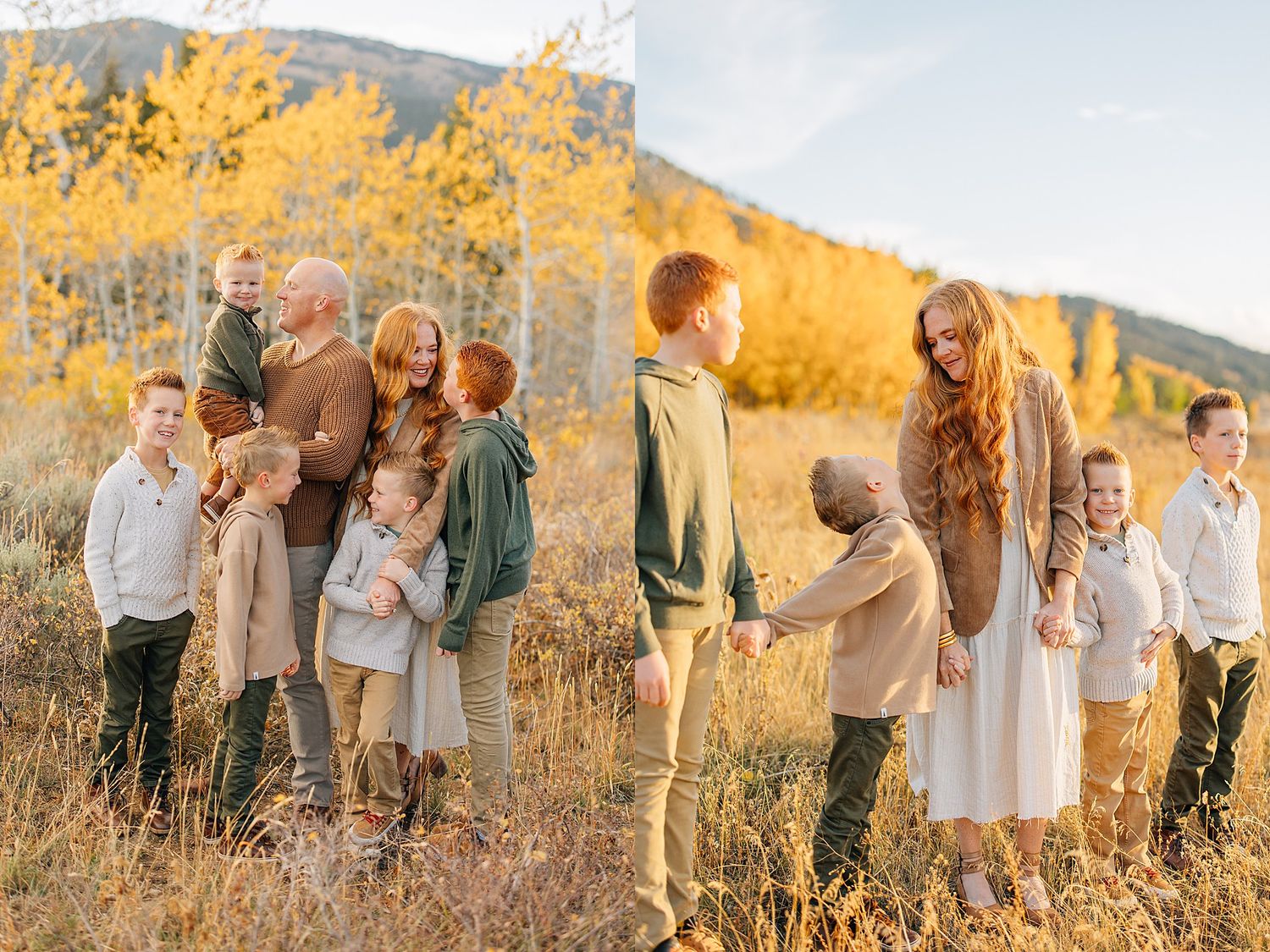 Family gathering in golden meadow with mountains and fall foliage during sunset.