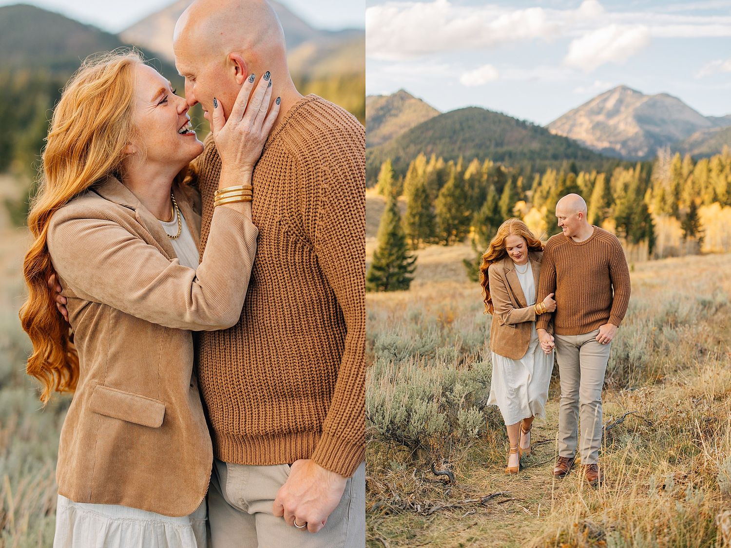 A couple in warm autumn sweaters share an intimate moment against a scenic mountain backdrop with golden foliage.