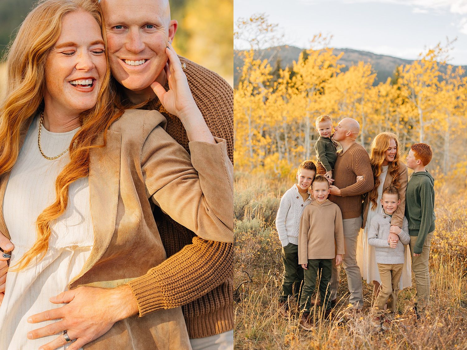 A family dressed in neutral tones poses together in a field with mountains and golden fall colors in the background.