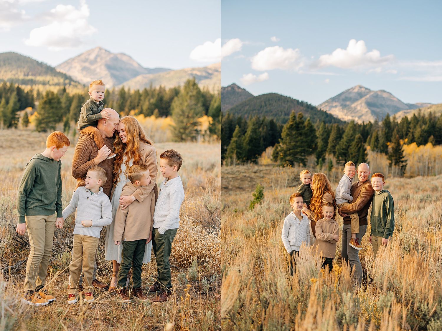 A group gathers in a scenic mountain meadow with golden grass and evergreen forests during autumn.