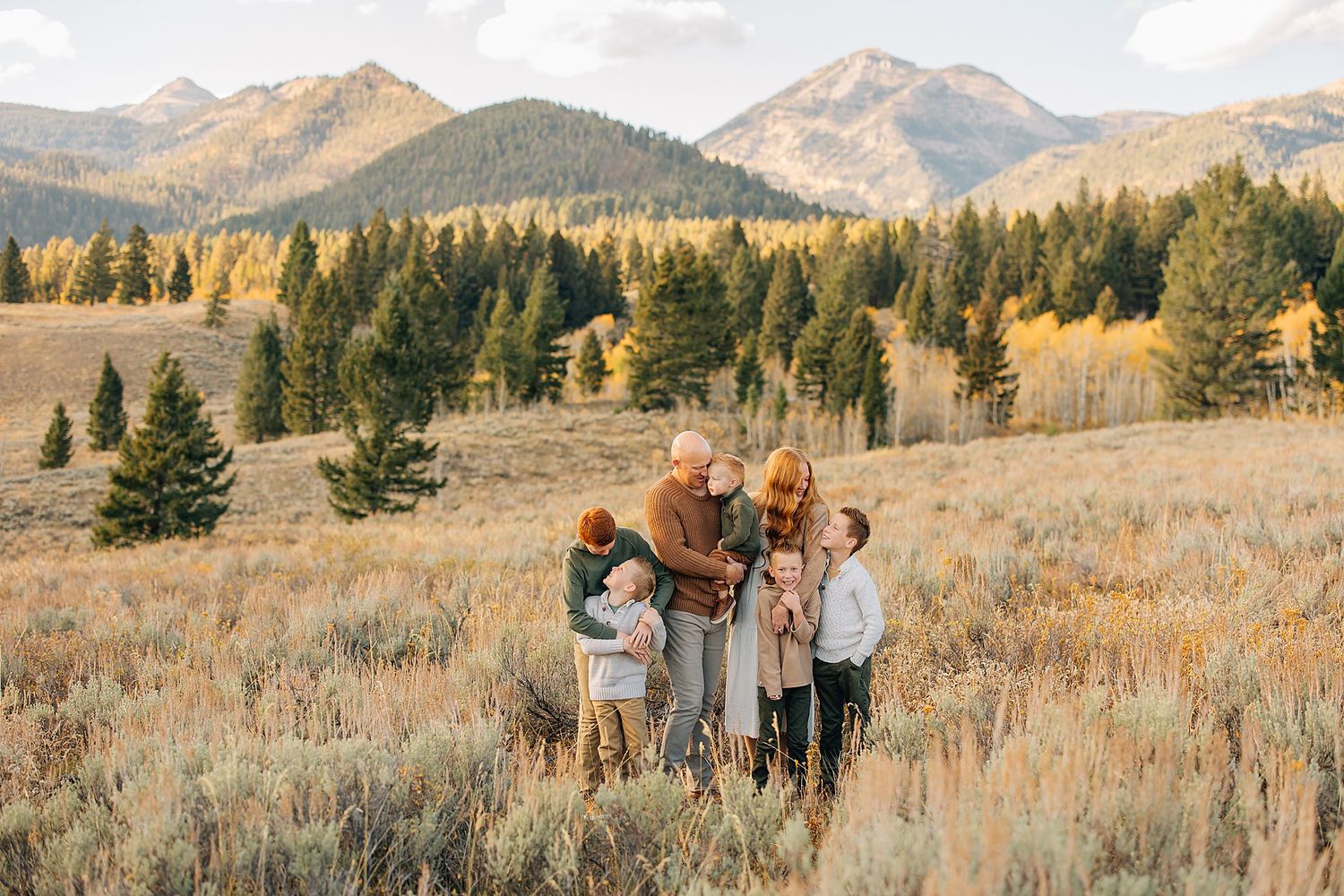 A scenic mountain engagement photo session in golden autumn meadows with horses and evergreen trees in the background.